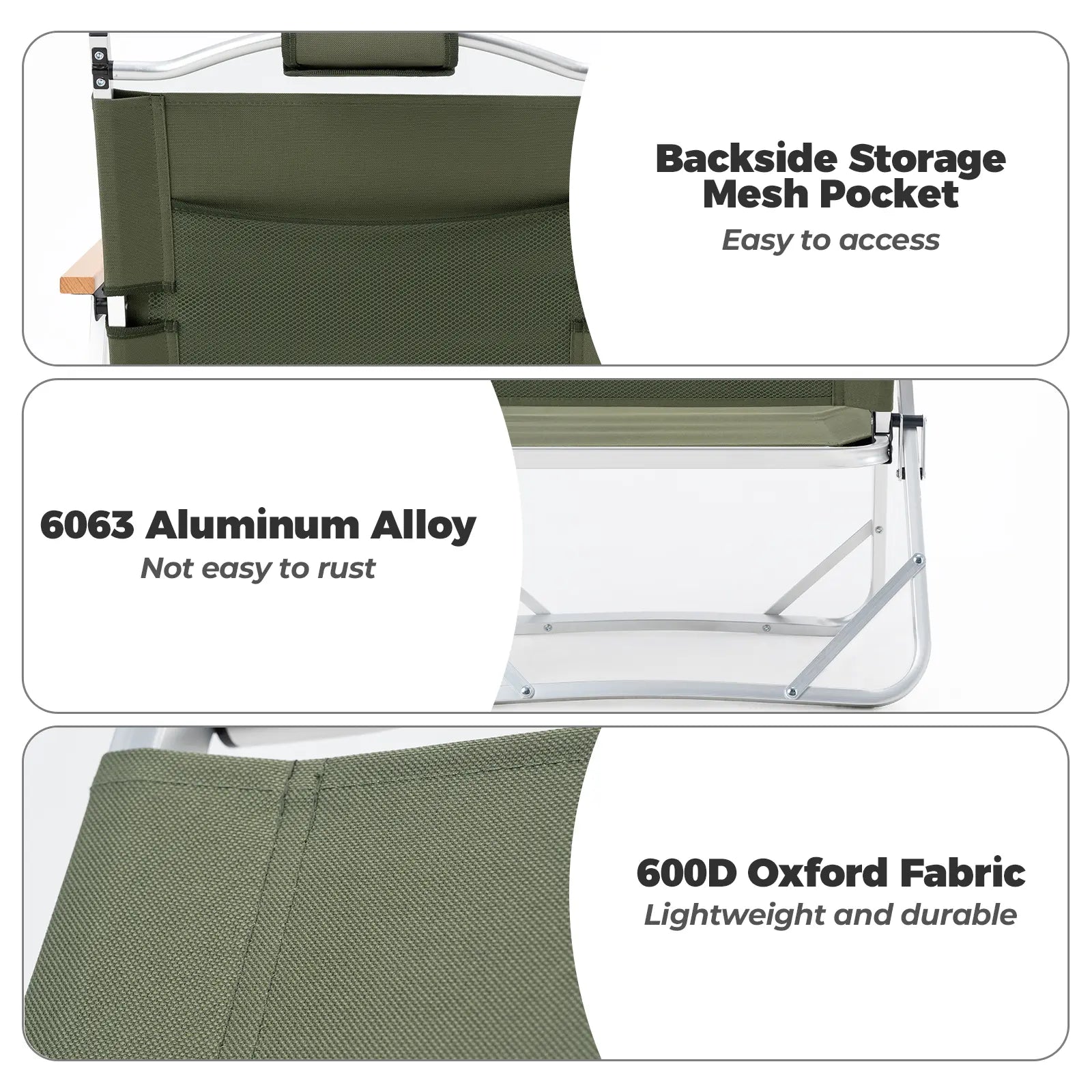 Collapsible chair with features highlighted on a white background