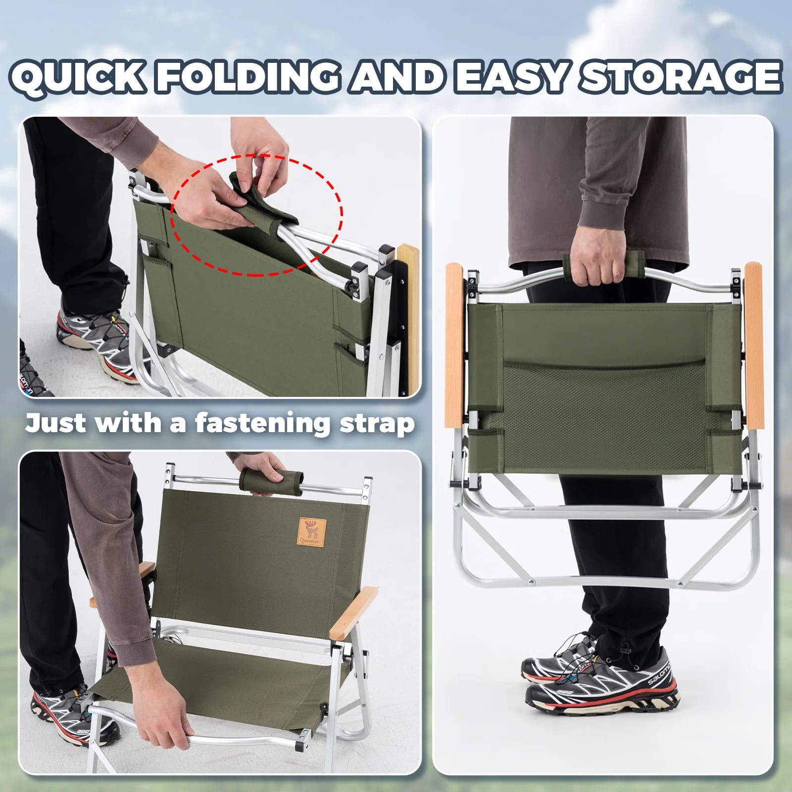 Collapsible chair being folded and stored with text highlighting quick folding and easy storage.