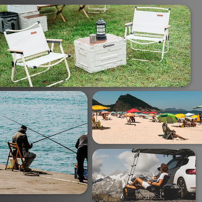 Collage of outdoor scenes including chairs, a beach, and a mountain landscape.