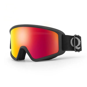 Ski goggles with red and yellow lens on a white background