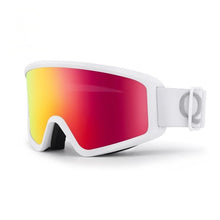 White ski goggles with red and yellow lens on a white background