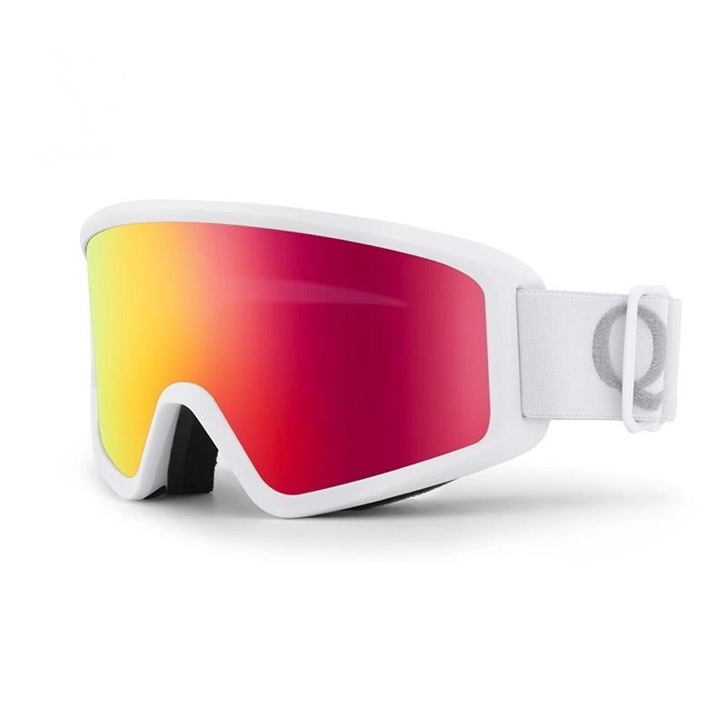 White ski goggles with red and yellow lens on a white background