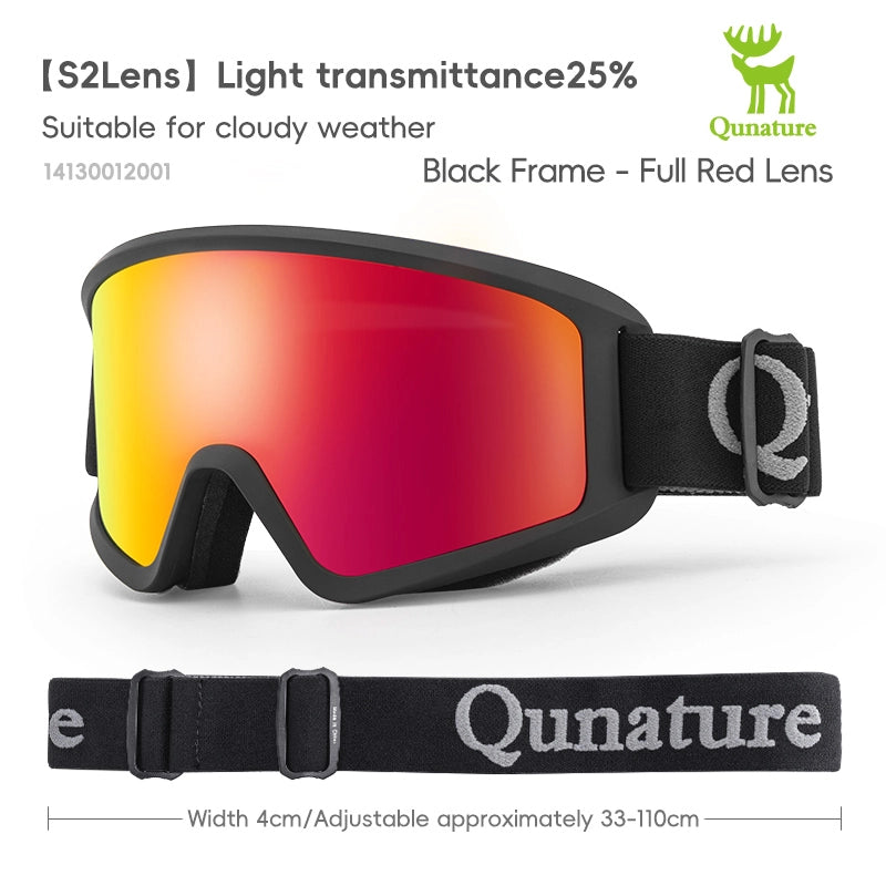 Black ski goggles with red lenses and Qunature branding on a white background