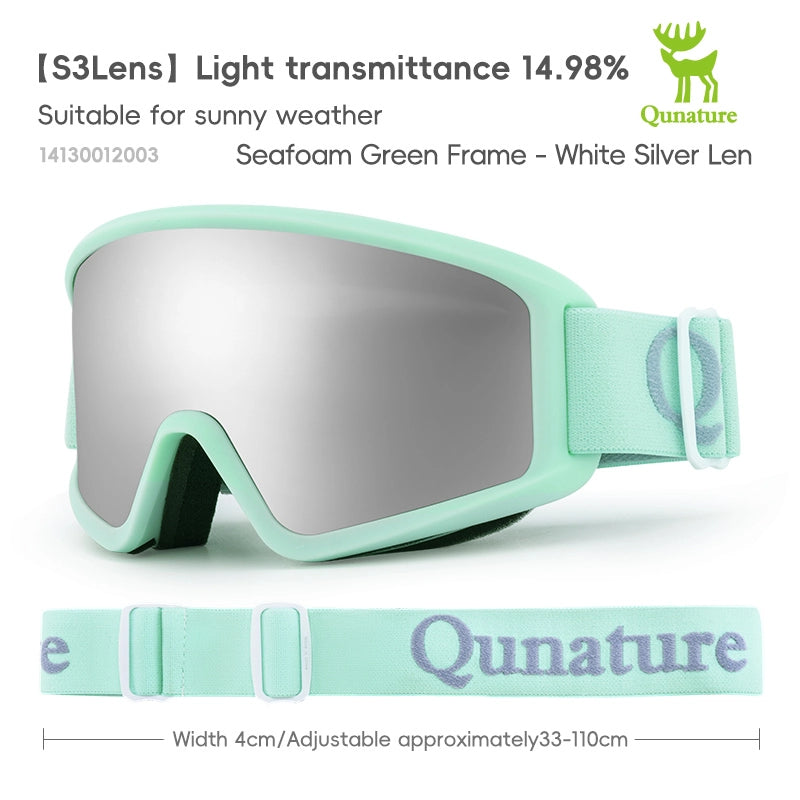 Light green goggles with silver lens on a white background, featuring Qunature branding.