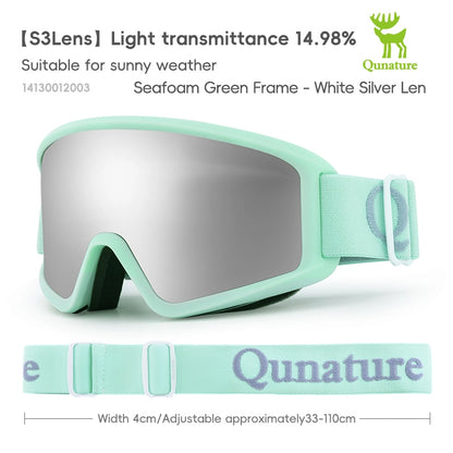 Light green goggles with silver lens on a white background, featuring Qunature branding.