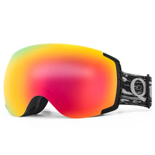 Multicolored ski goggles with a black strap on a white background
