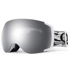 Gray ski goggles with a black and white strap on a white background