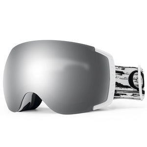 Gray ski goggles with a black and white strap on a white background