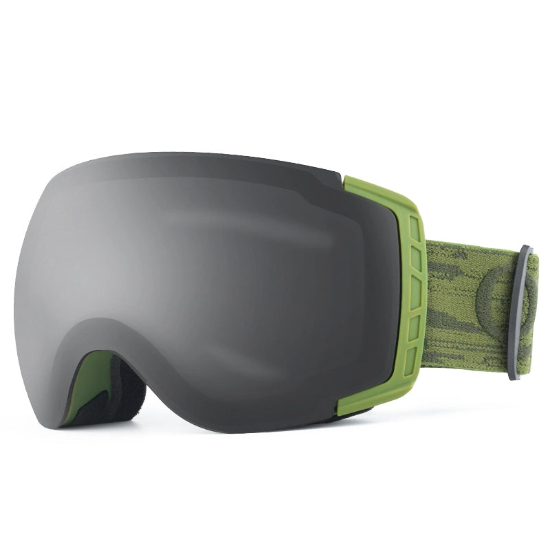Gray ski goggles with green strap on a white background