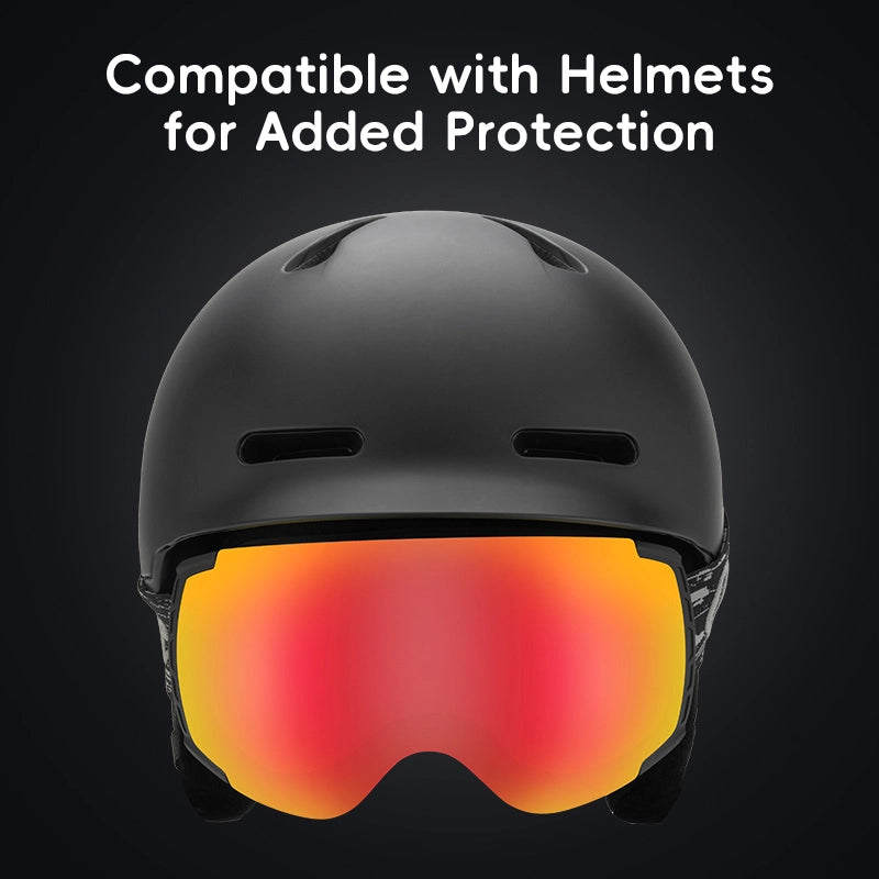 Black helmet with reflective orange goggles on a dark background