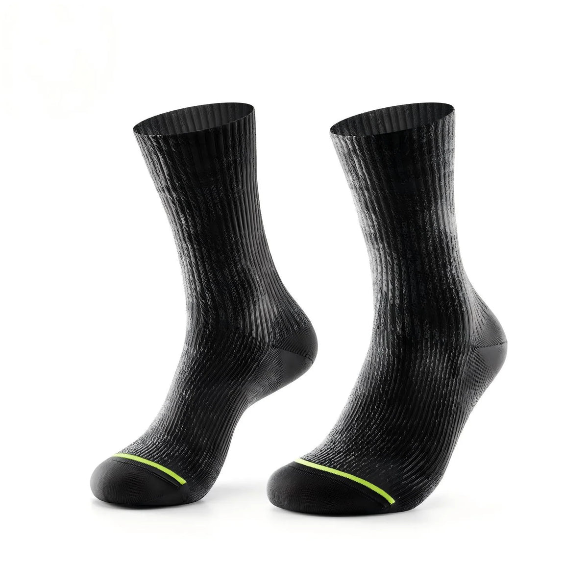 A pair of black ribbed crew socks with a thin neon yellow-green accent line near the toes, displayed against a solid white background.
