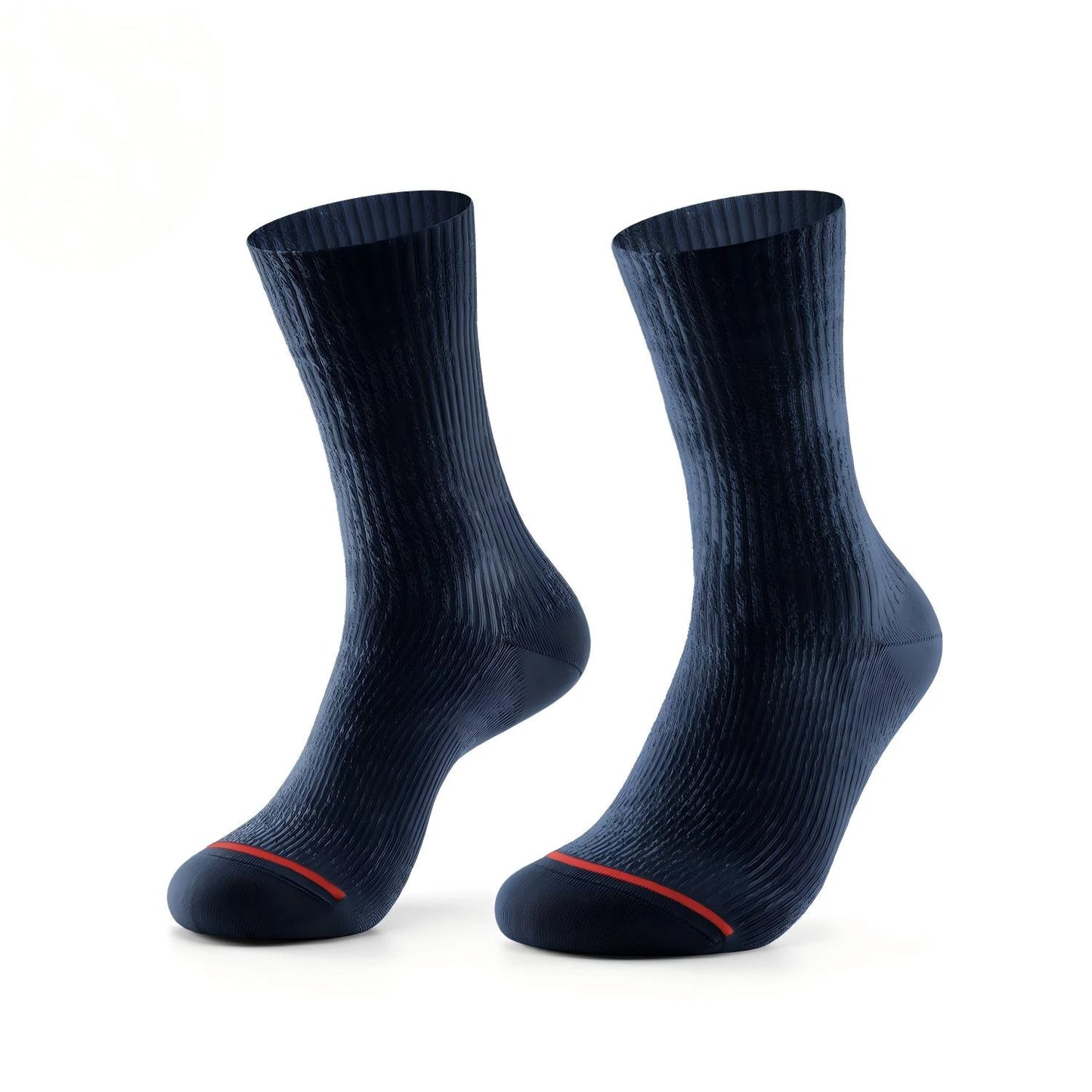 A pair of dark navy blue ribbed crew socks with a thin red accent line near the toes, displayed against a clean white background.