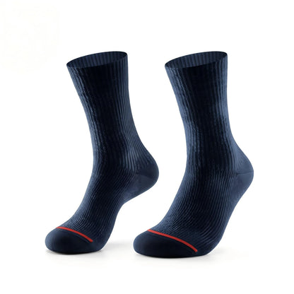A pair of dark navy blue ribbed crew socks with a thin red accent line near the toes, displayed against a clean white background.