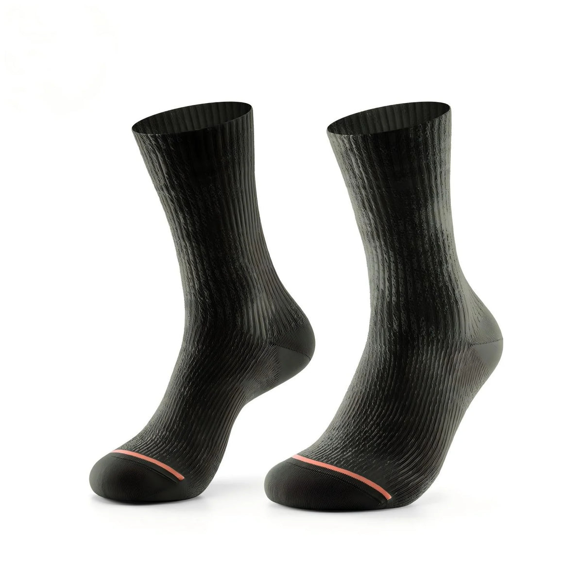 A pair of black ribbed crew socks with a thin orange accent line near the toes, displayed on a clean white background.