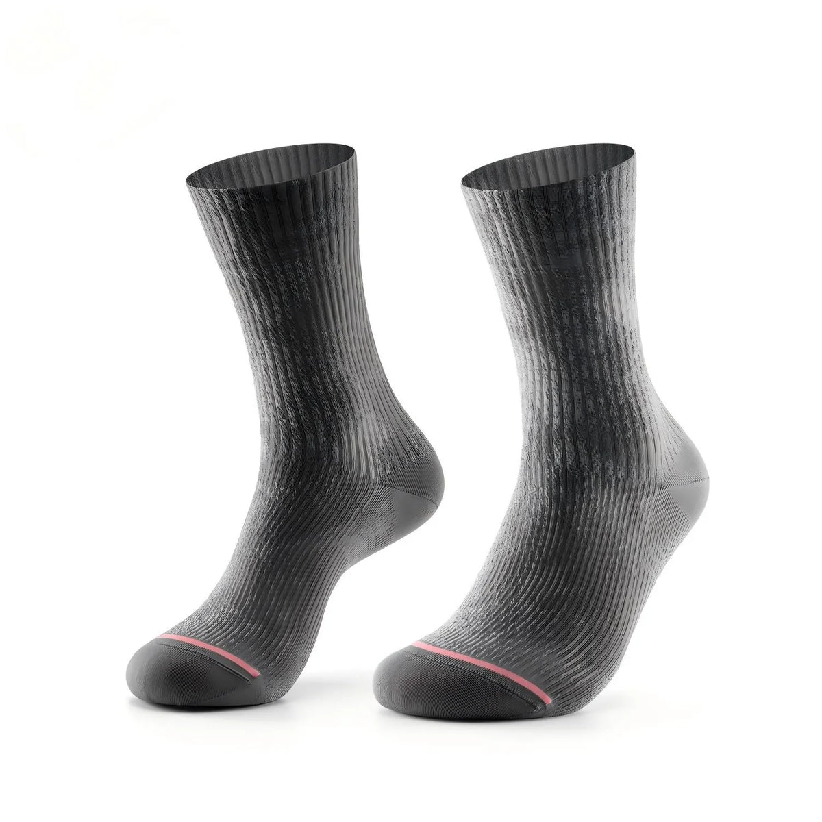 A pair of dark gray ribbed crew socks with a thin pink accent line near the toes, displayed against a solid white background.