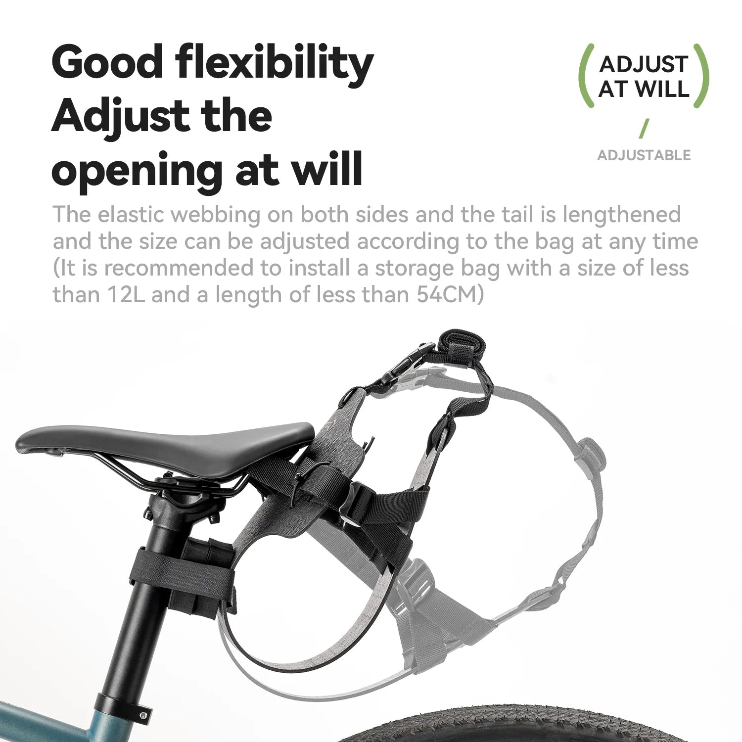 The black rear bag extension bracket can be adjusted to accommodate bags with a capacity of 12L and less than 54CM.