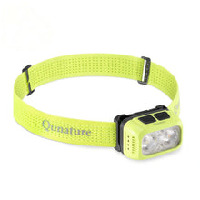 A lime green Qunature headlamp with a perforated elastic strap and a black-and-lime green headlamp body housing three LED lights, shown on a white background.