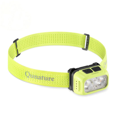 A lime green Qunature headlamp with a perforated elastic strap and a black-and-lime green headlamp body housing three LED lights, shown on a white background.