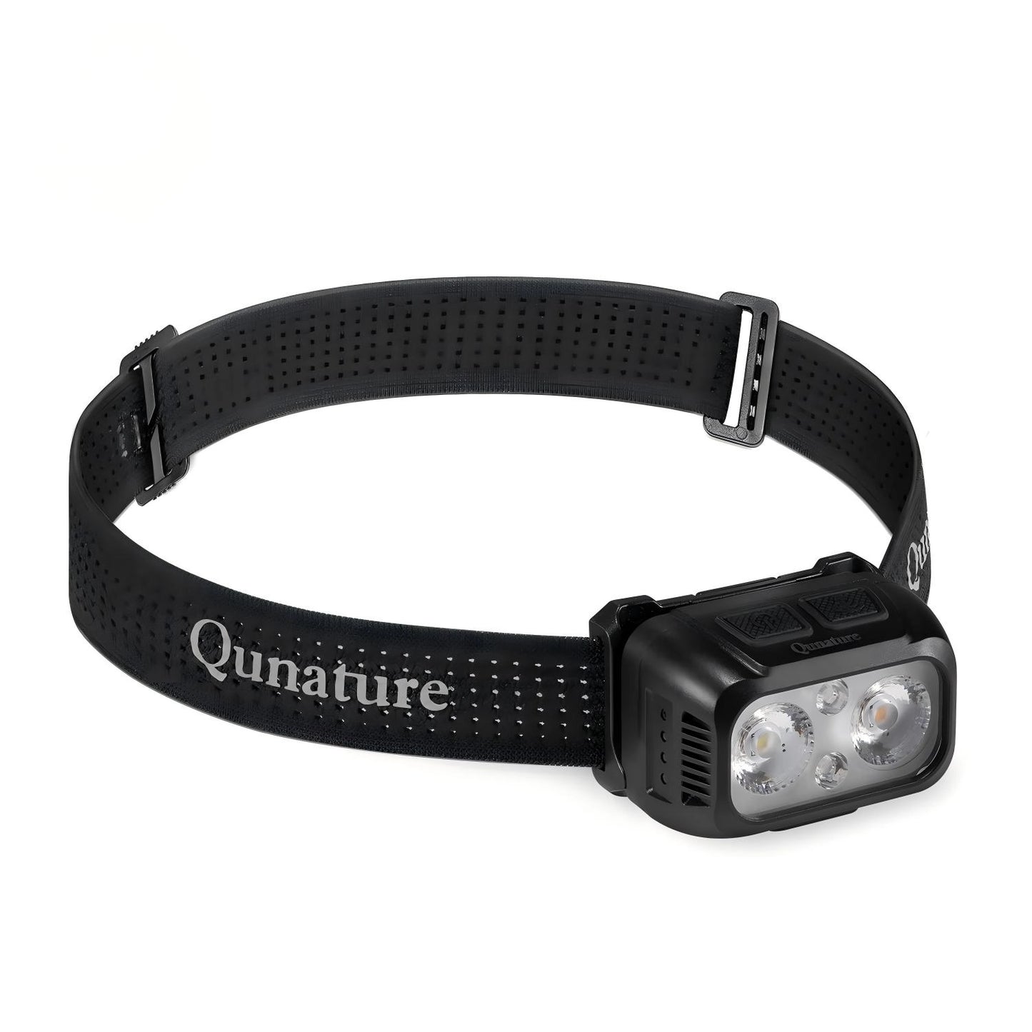 A black Qunature LED headlamp with a perforated black headband and a three-light face, shown on a plain white background.