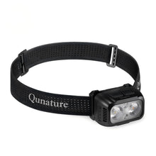 A black Qunature LED headlamp with a perforated black headband and a three-light face, shown on a plain white background.