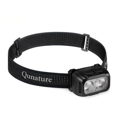 A black Qunature LED headlamp with a perforated black headband and a three-light face, shown on a plain white background.
