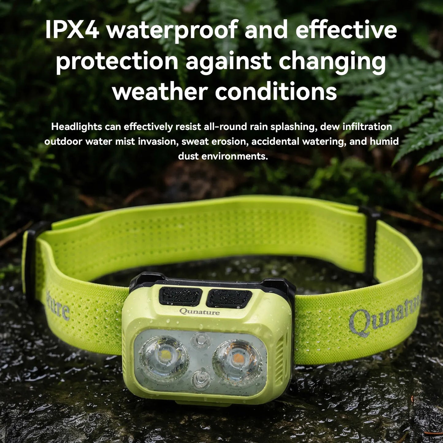 A Qunature headlamp in a bright yellow-green color, shown outdoors on wet rocks with ferns in the background. White text at the top highlights its IPX4 waterproof capabilities against changing weather conditions.