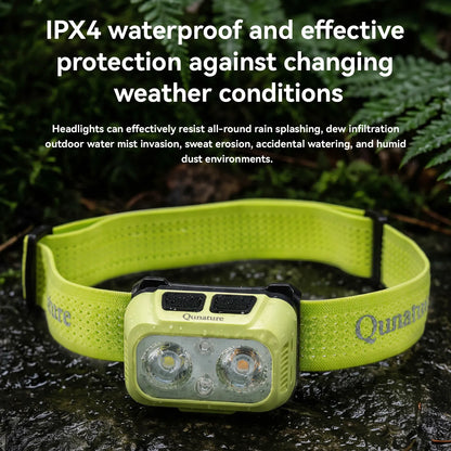 A Qunature headlamp in a bright yellow-green color, shown outdoors on wet rocks with ferns in the background. White text at the top highlights its IPX4 waterproof capabilities against changing weather conditions.
