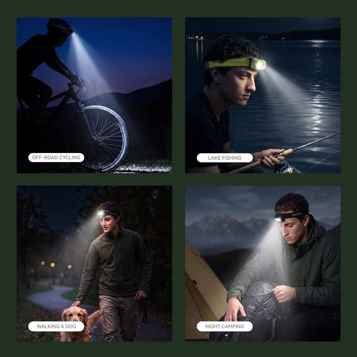 A 2x2 collage showing a headlamp in use for off-road cycling, lake fishing, walking a dog, and night camping, with the headlamp casting a bright beam of light in each scene.