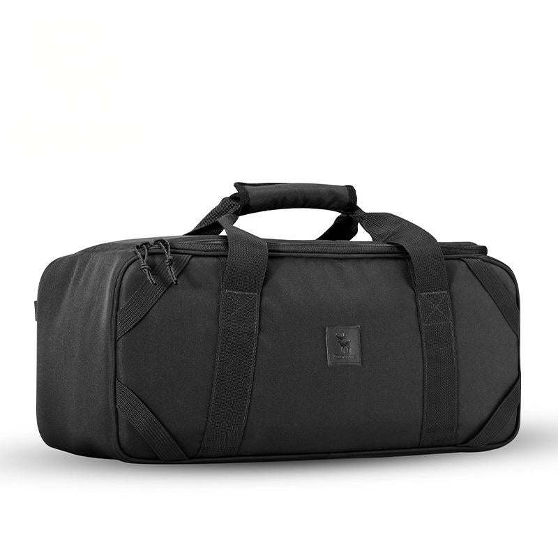 Black duffel bag on a white background