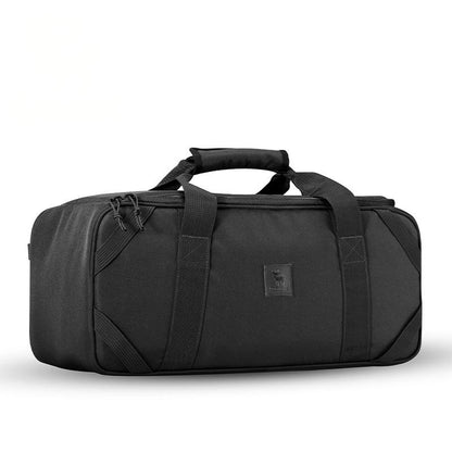 Black duffel bag on a white background