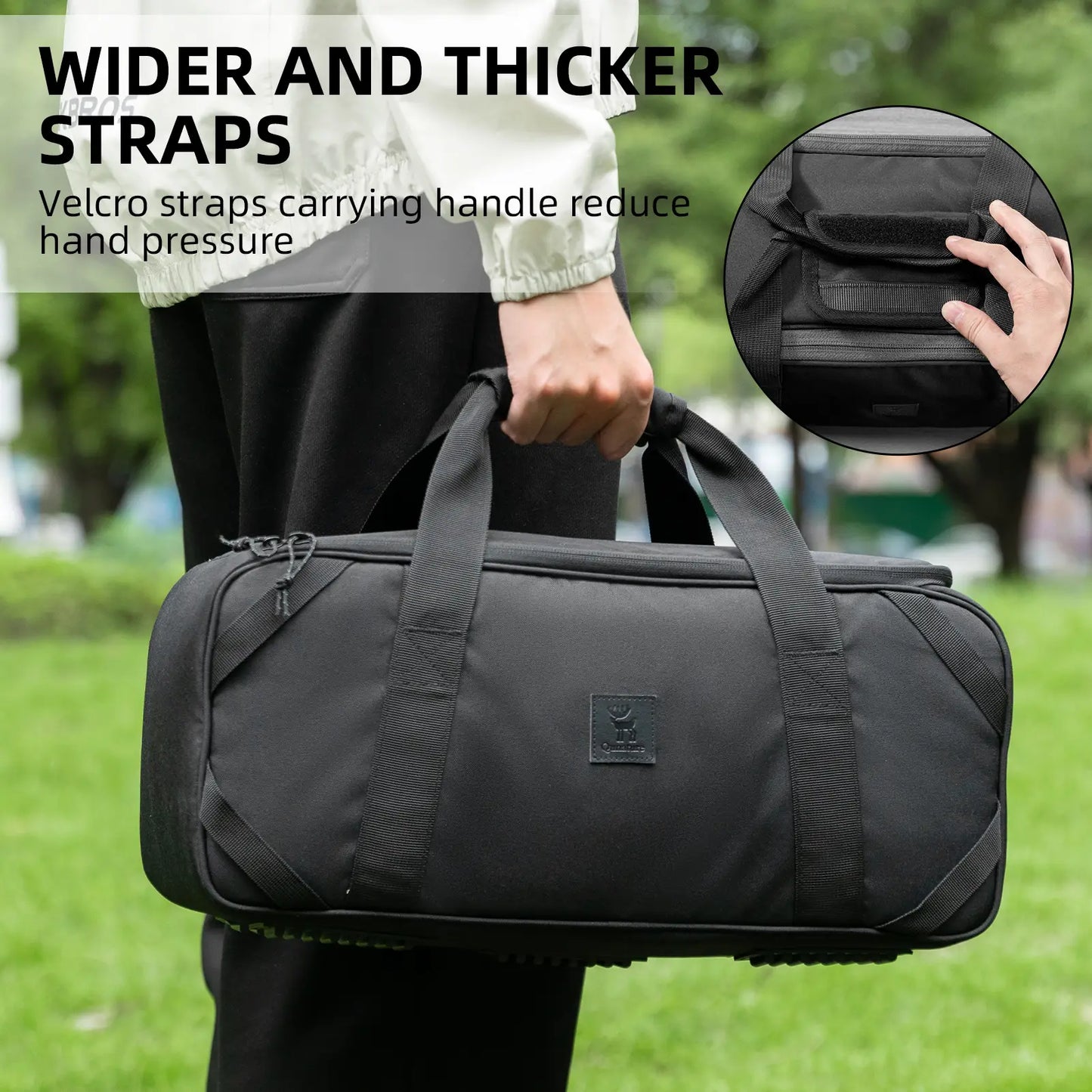 Black camping chair with features highlighted on a white background