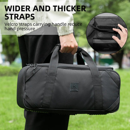 Black camping chair with features highlighted on a white background