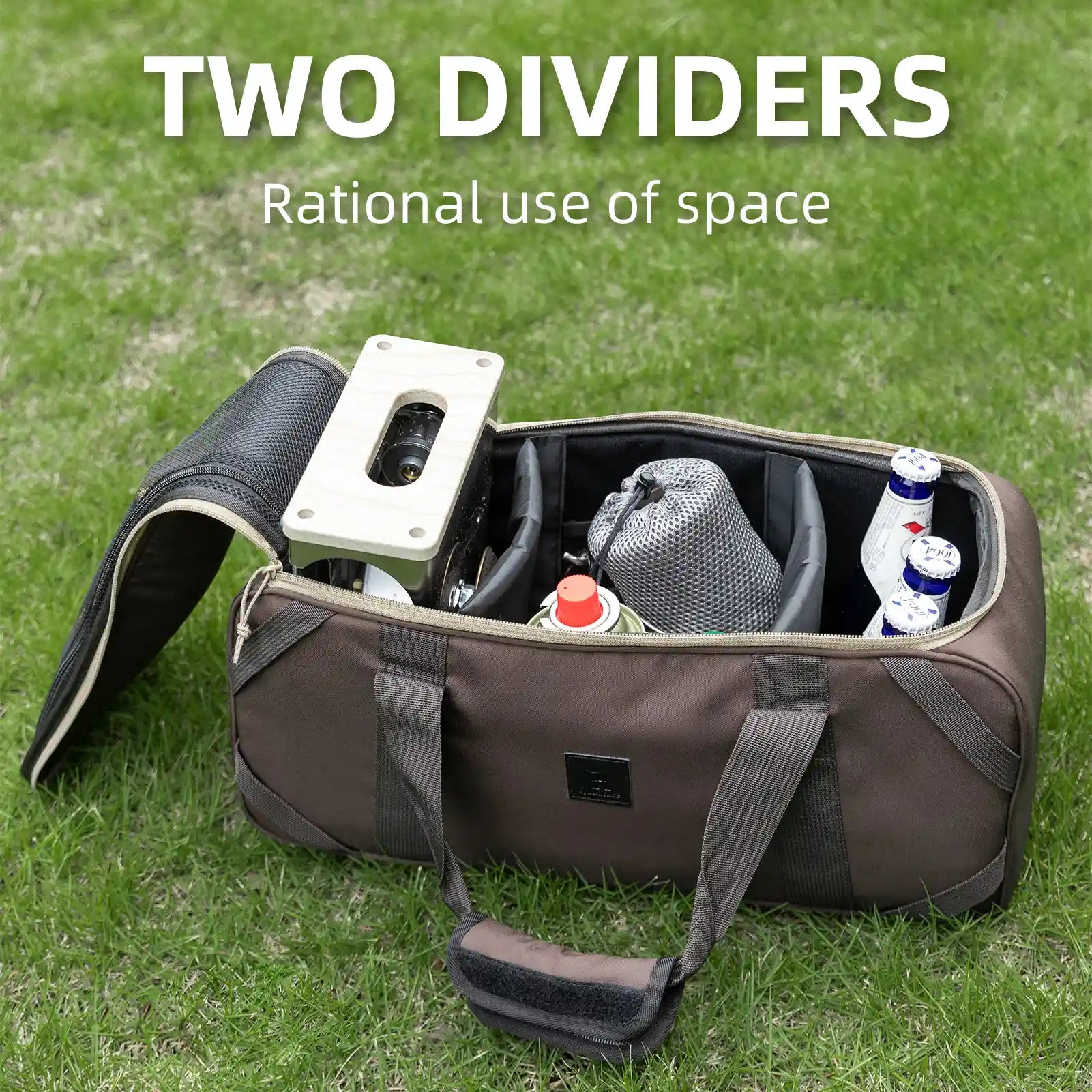 Brown bag with two dividers on grass, labeled 'Two Dividers: Rational use of space'.