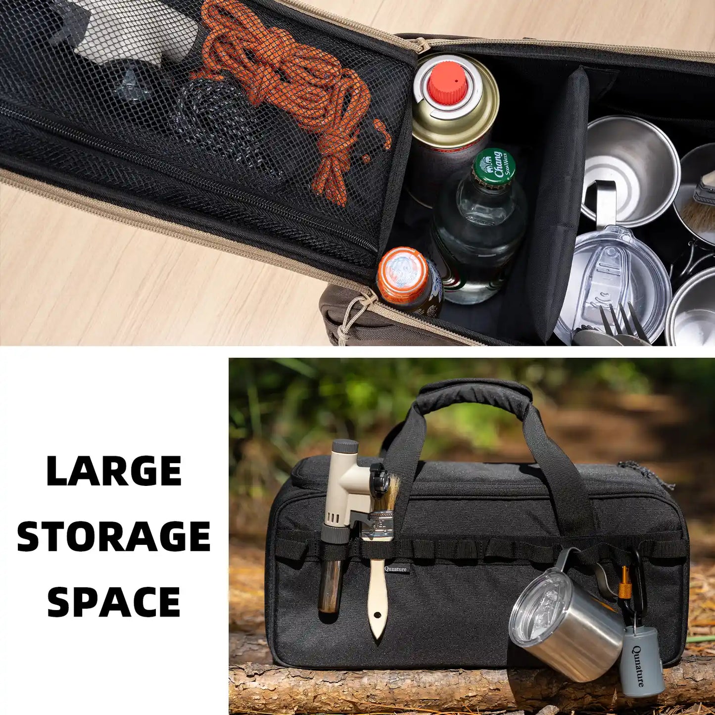 Open black bag with various items and a black duffel bag with tools and a can on a log.