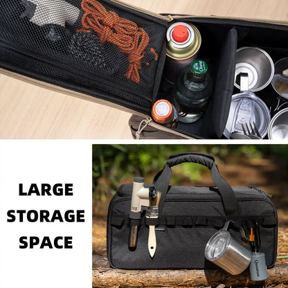 Open black bag with various items and a black duffel bag with tools and a can on a log.