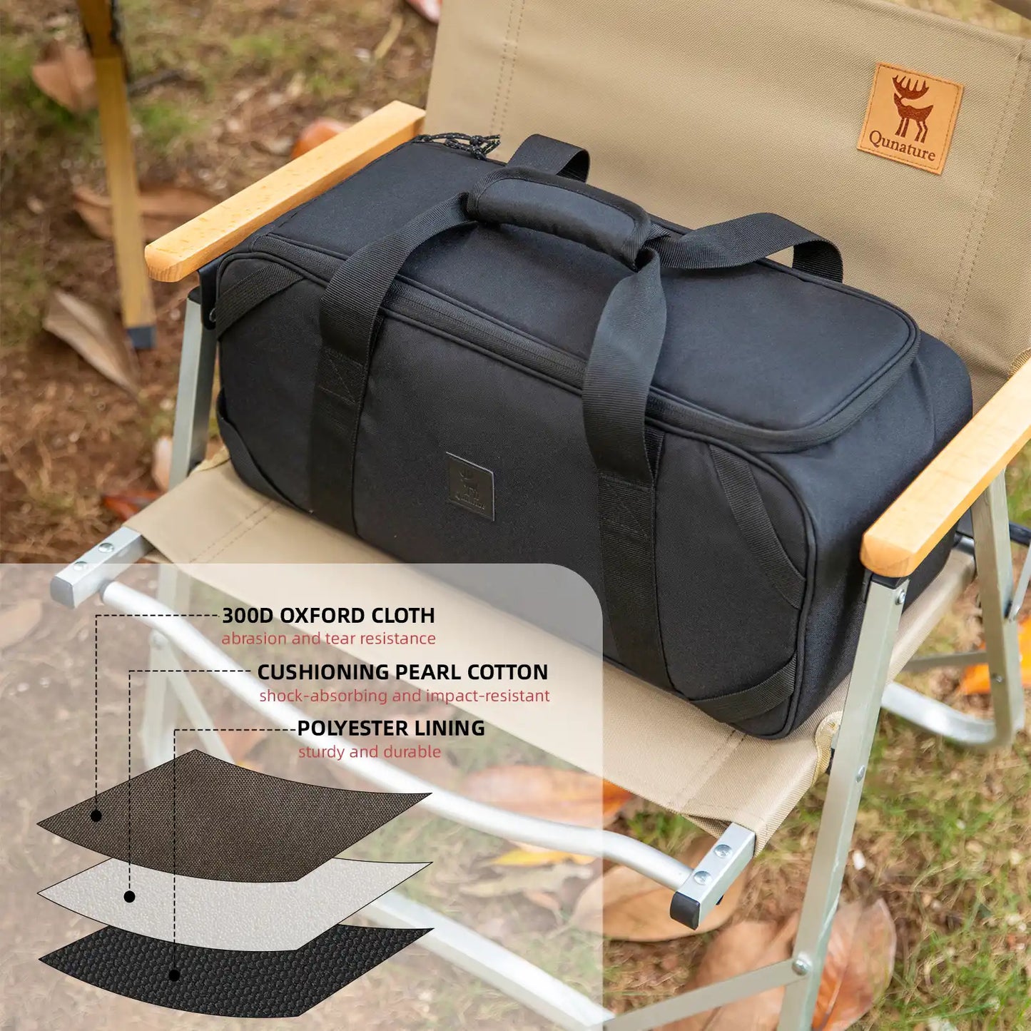 Black duffel bag on a camping chair with product features overlay