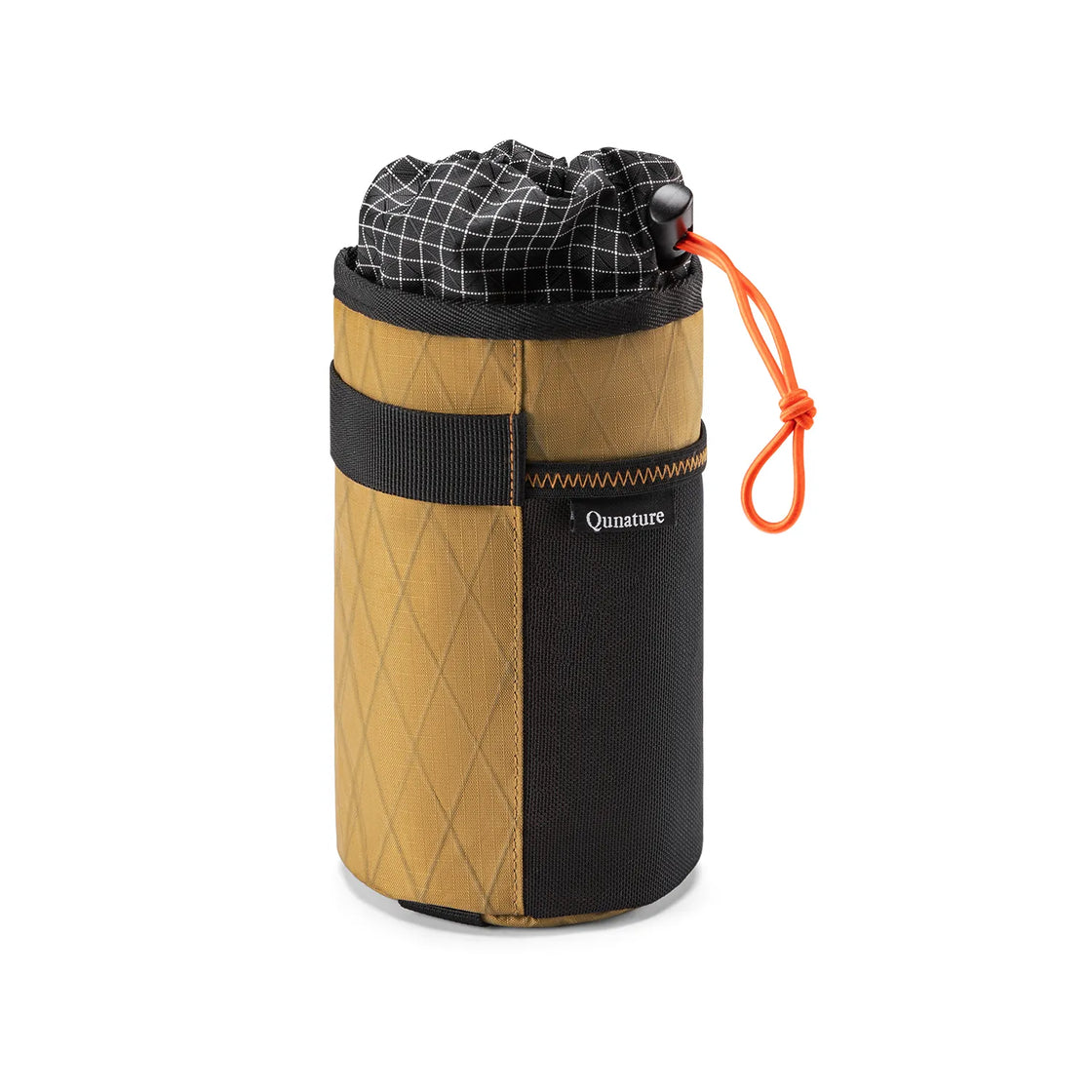 A khaki water bottle bag with a drawstring that can be tied to the bicycle