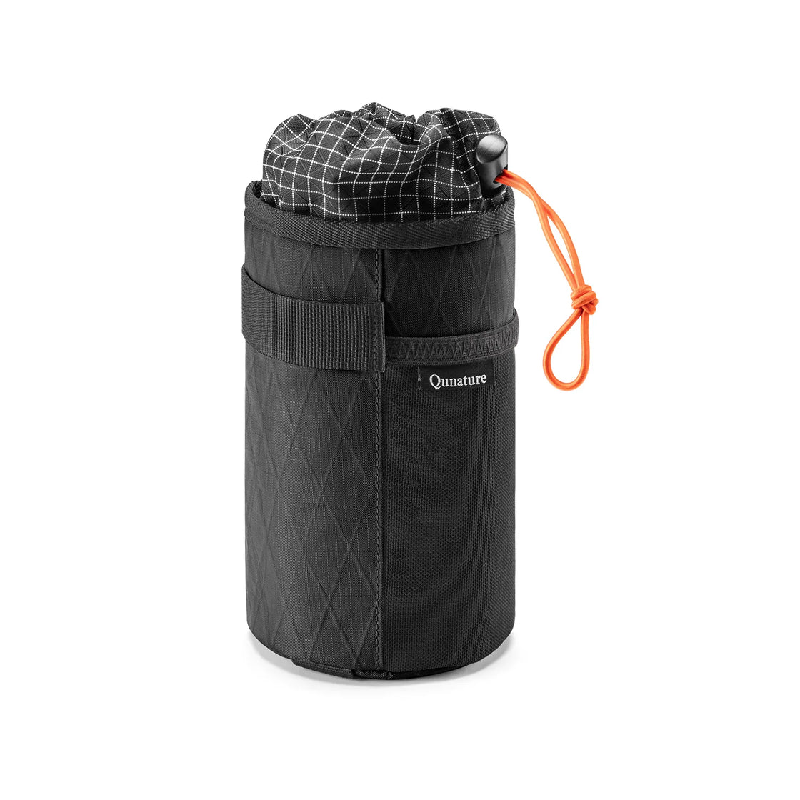 A black water bottle bag with a drawstring that can be tied to the bicycle