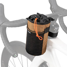 A khaki water bottle bag with a drawstring that can be tied to the bicycle