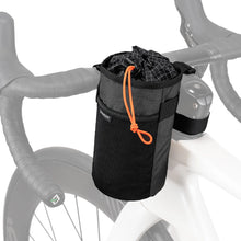 A black water bottle bag with a drawstring that can be tied to the bicycle