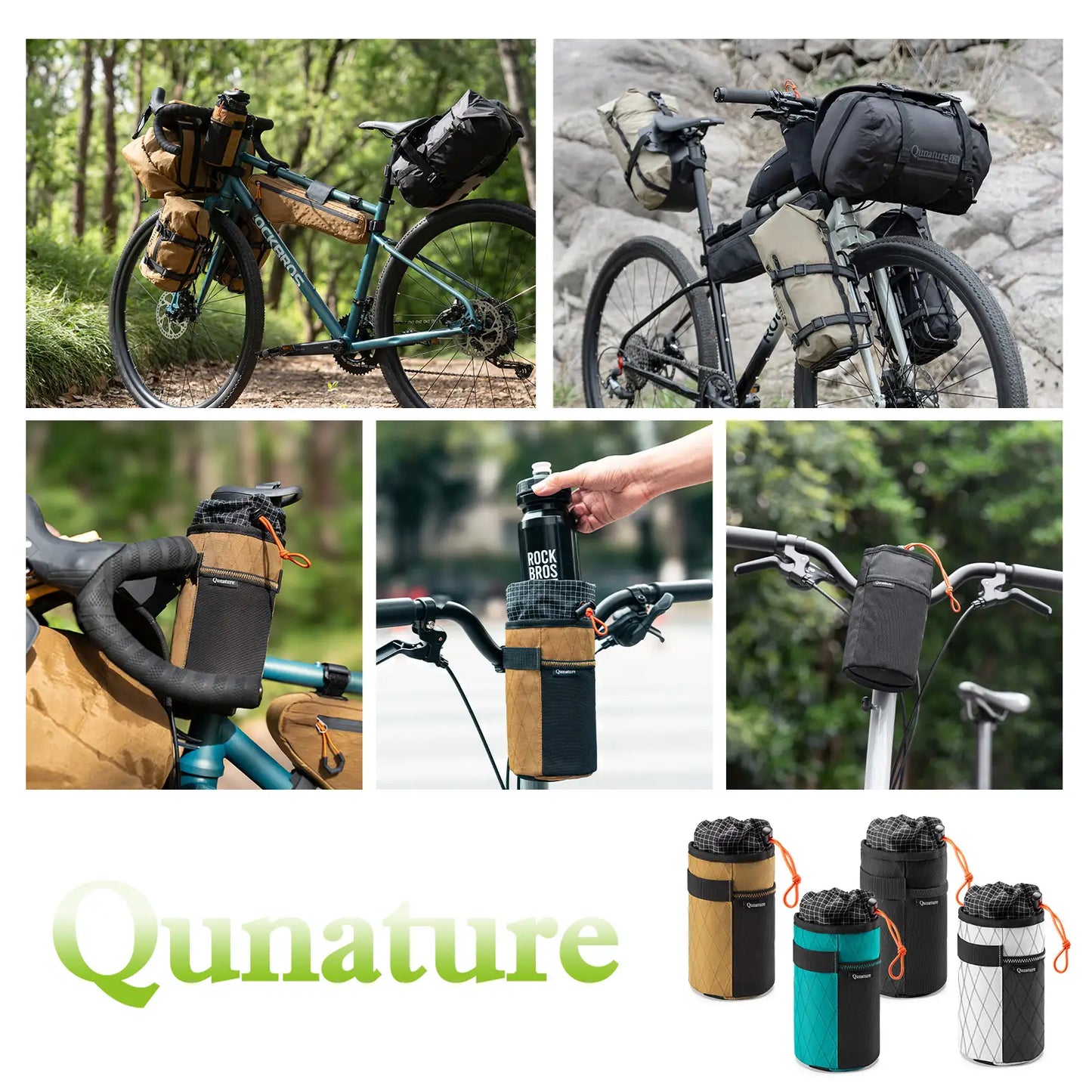 A collage showing multiple views of bicycle pannier bags and a water bottle holder mounted on bike handlebars and saddlebags in outdoor settings, plus four small product color variants at the bottom. The word Qunature appears prominently at the bottom left.