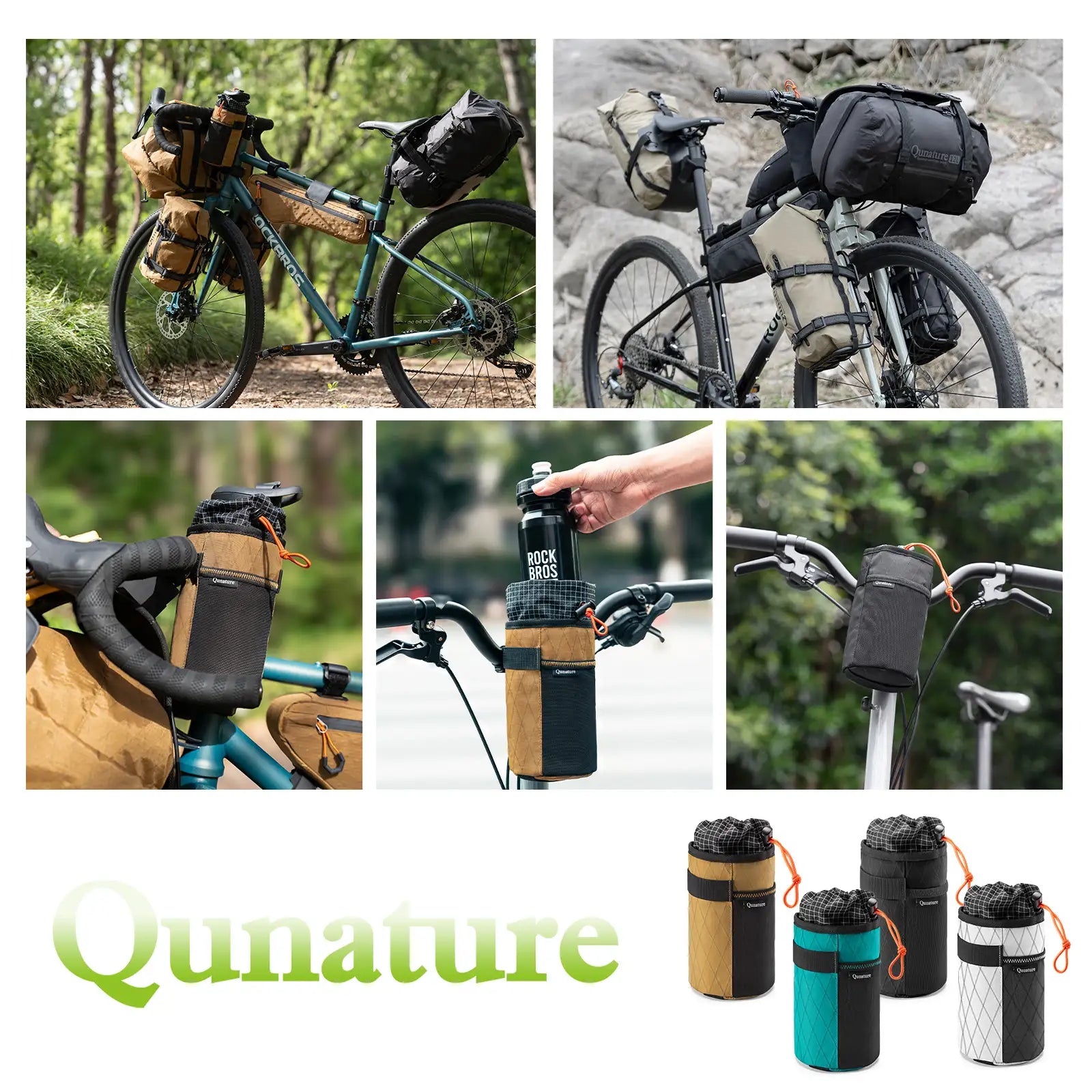 A collage showing multiple views of bicycle pannier bags and a water bottle holder mounted on bike handlebars and saddlebags in outdoor settings, plus four small product color variants at the bottom. The word Qunature appears prominently at the bottom left.
