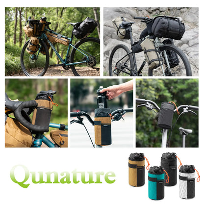 A collage showing multiple views of bicycle pannier bags and a water bottle holder mounted on bike handlebars and saddlebags in outdoor settings, plus four small product color variants at the bottom. The word Qunature appears prominently at the bottom left.