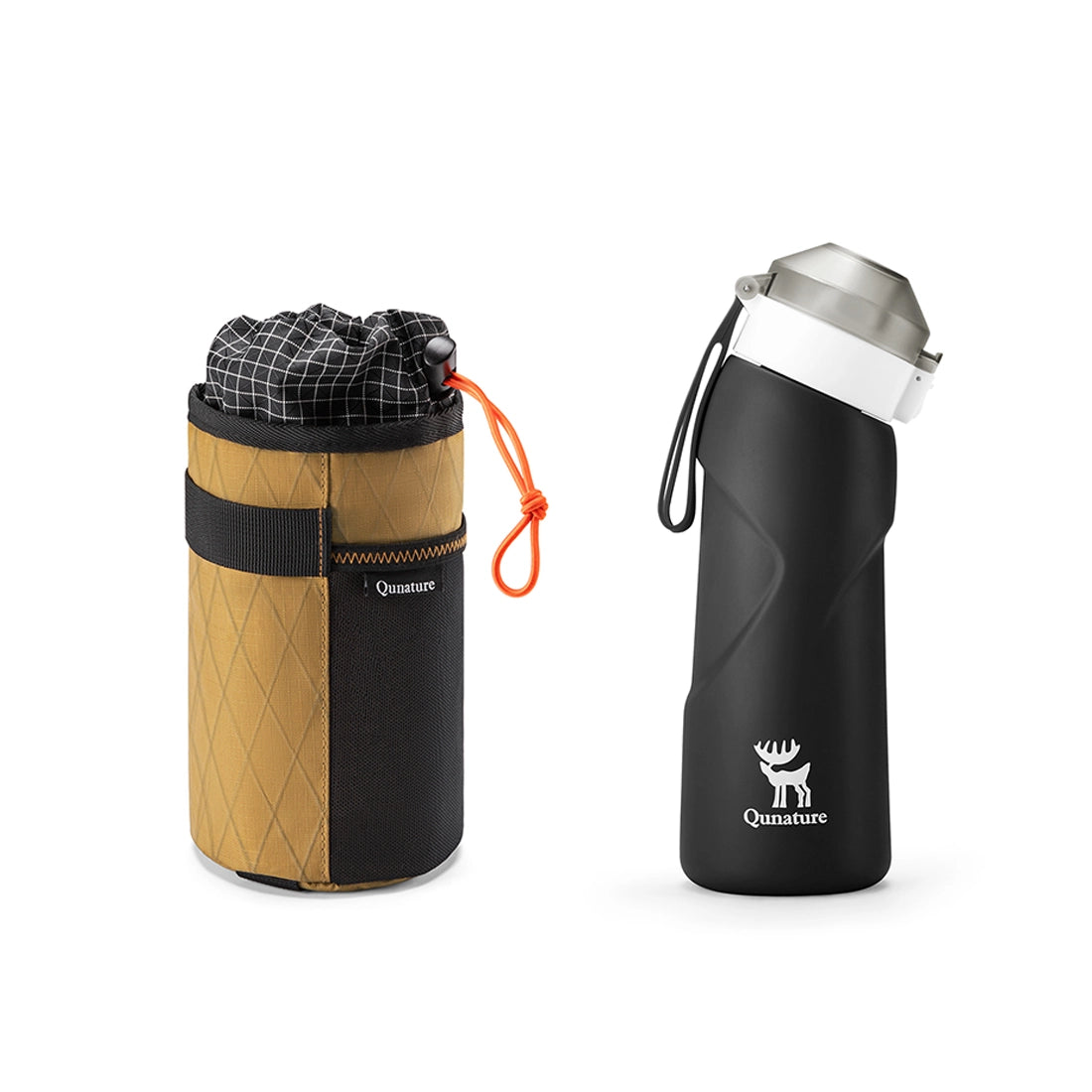 Two Qunature products: a black and brown insulated bag with a drawstring and a black water bottle with a white cap on a white background.