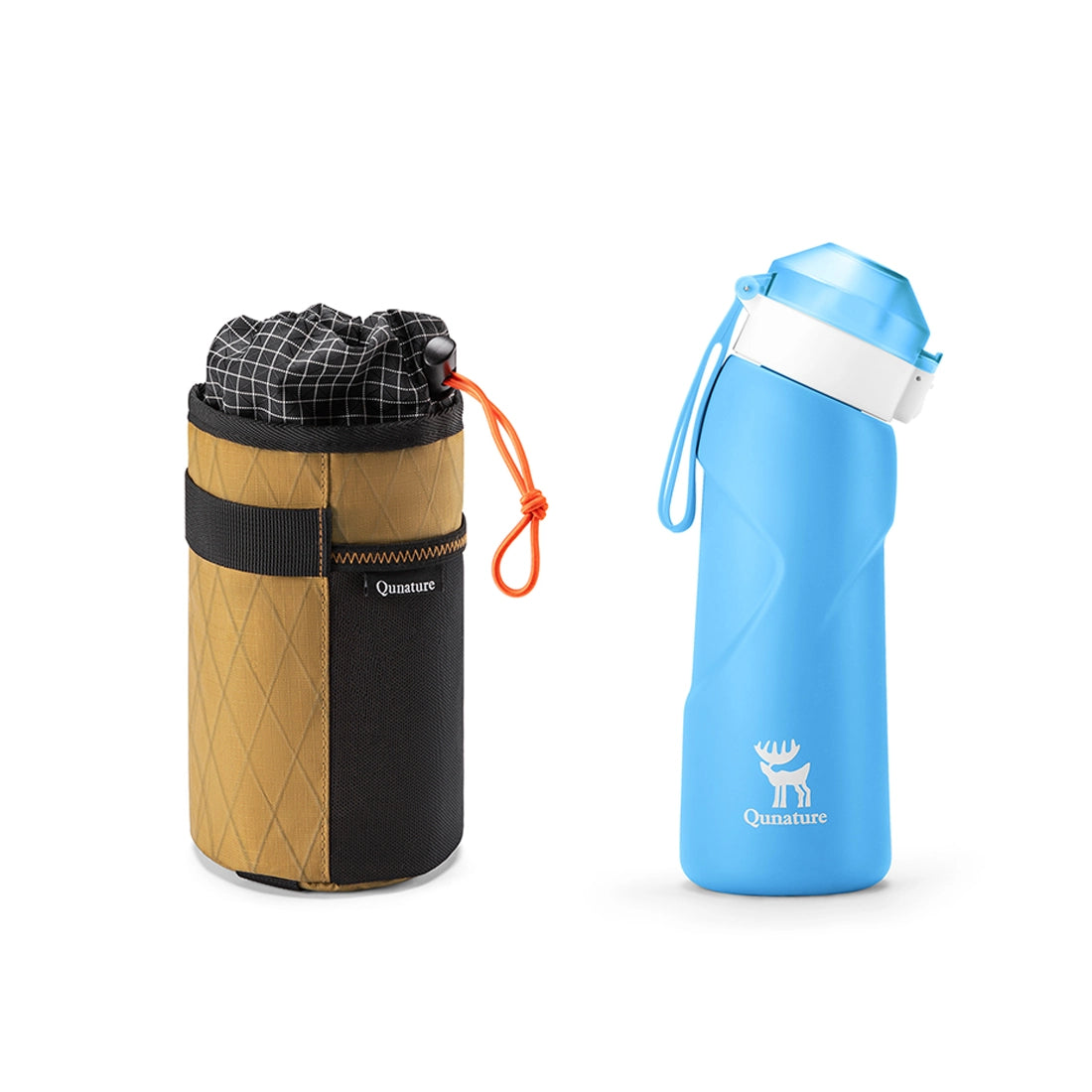 Blue water bottle with a carrying case on a white background