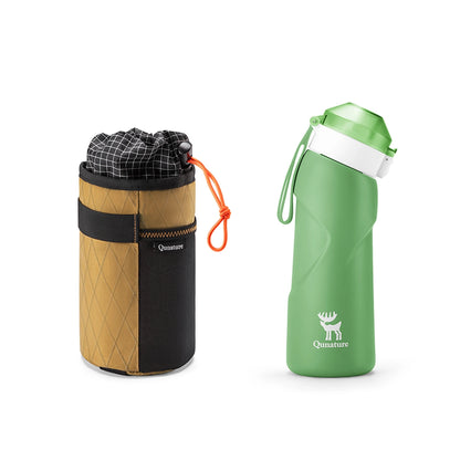 Green water bottle with carrying case on a white background