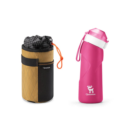 Pink water bottle with white cap and black logo, next to a brown carrying case with black interior on a white background.