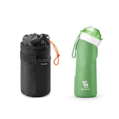 Black carrying case with orange strap and green water bottle with white cap on a white background