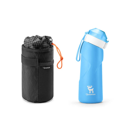 Black carrying case with orange strap and blue water bottle with white cap on a white background