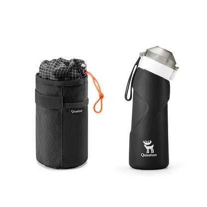 Black water bottle with carrying case on a white background